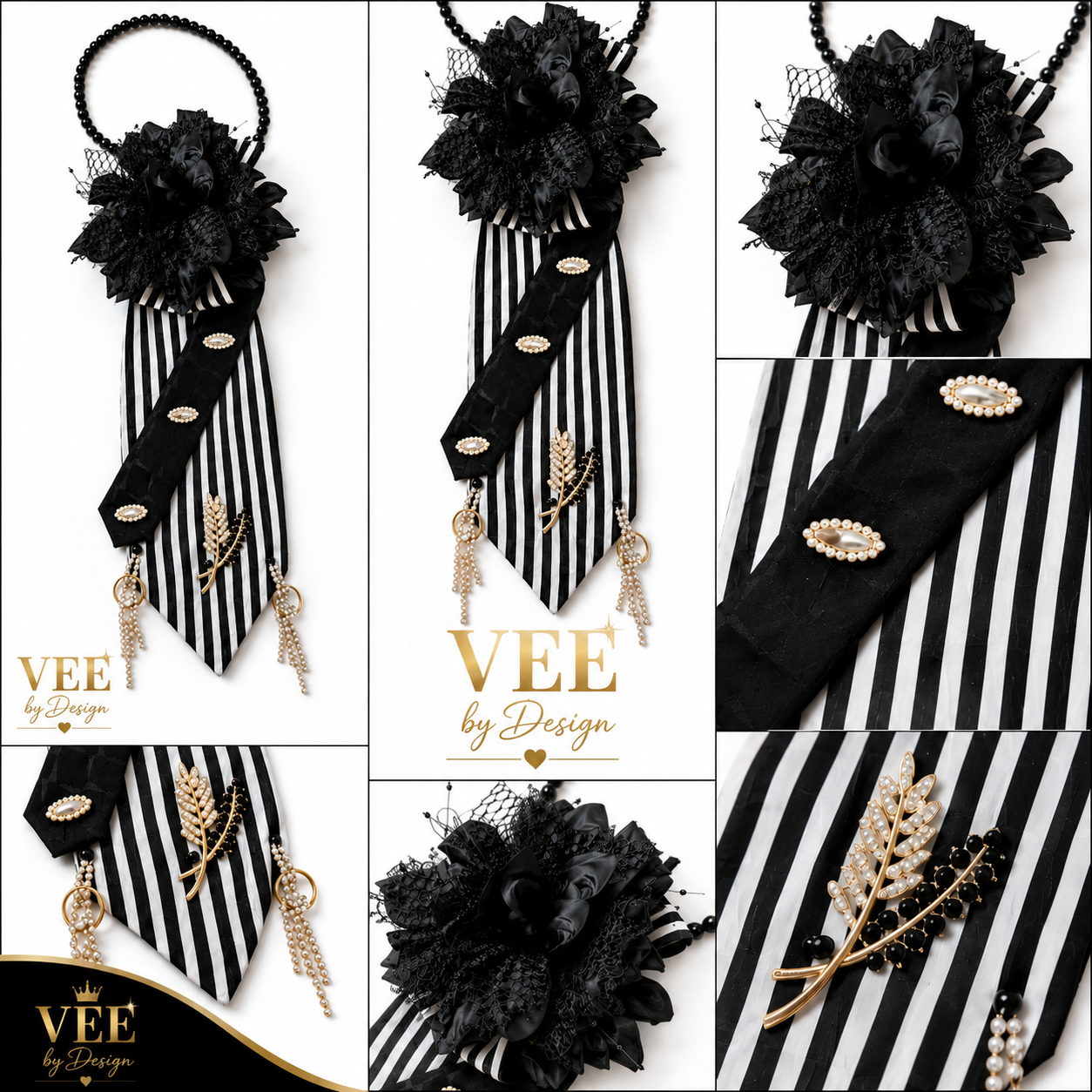 Handmade Black & White Statement Tie Necklace | Luxury Wearable Art — view 2