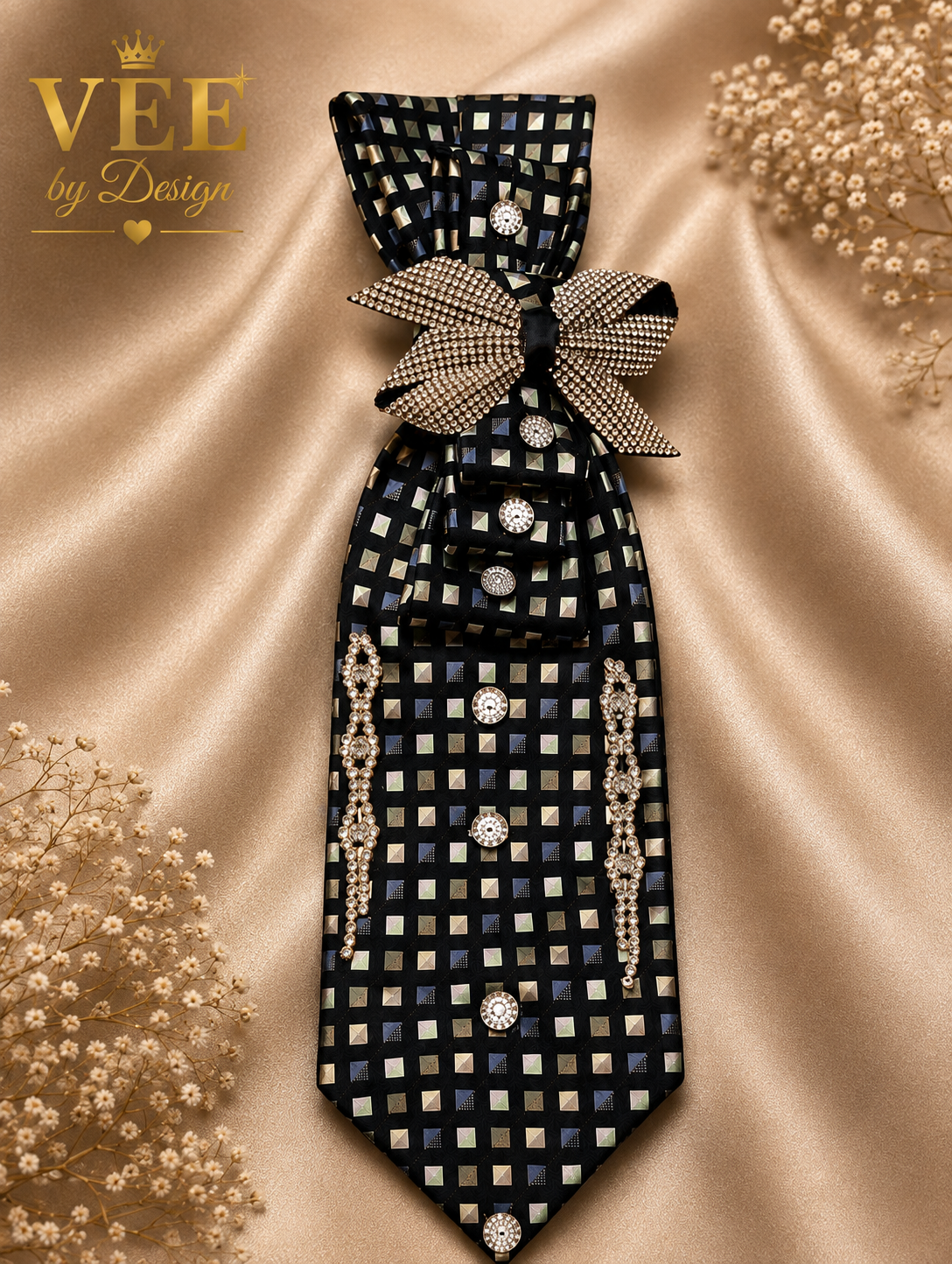 Midnight Glam Statement Tie Necklace | Handmade Crystal Bow Wearable Art — view 2