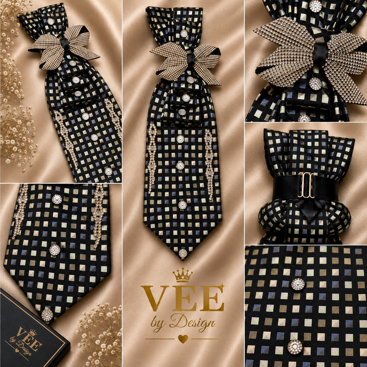 Midnight Glam Statement Tie Necklace | Handmade Crystal Bow Wearable Art — view 3
