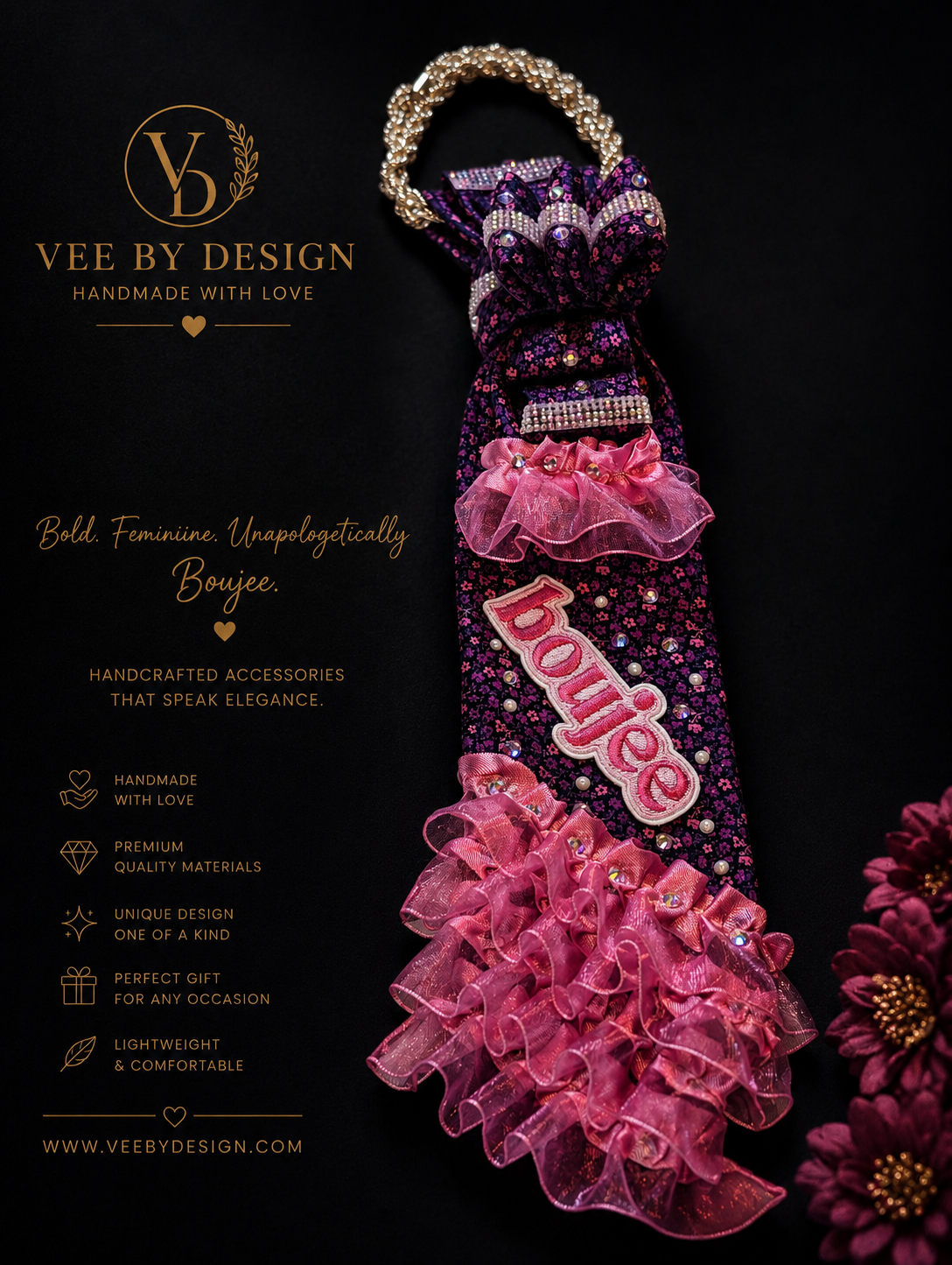 Pink "Boujee" Statement Tie Necklace | Handmade Luxury Fashion Accessory — view 2