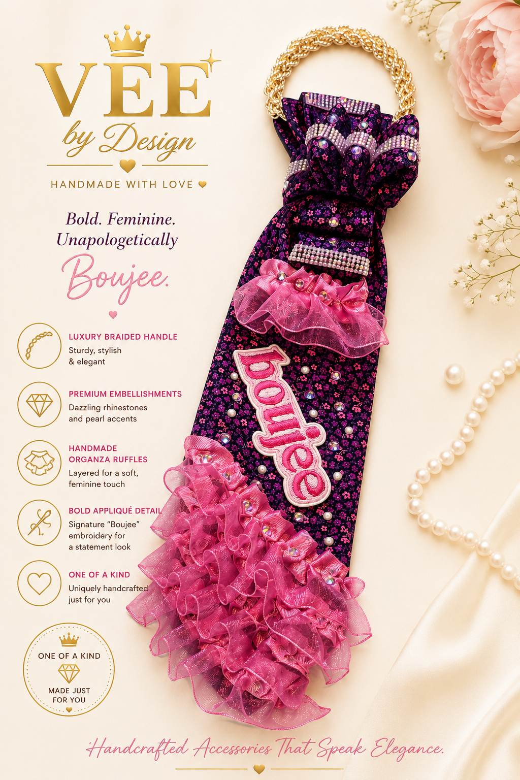 Pink "Boujee" Statement Tie Necklace | Handmade Luxury Fashion Accessory — view 3