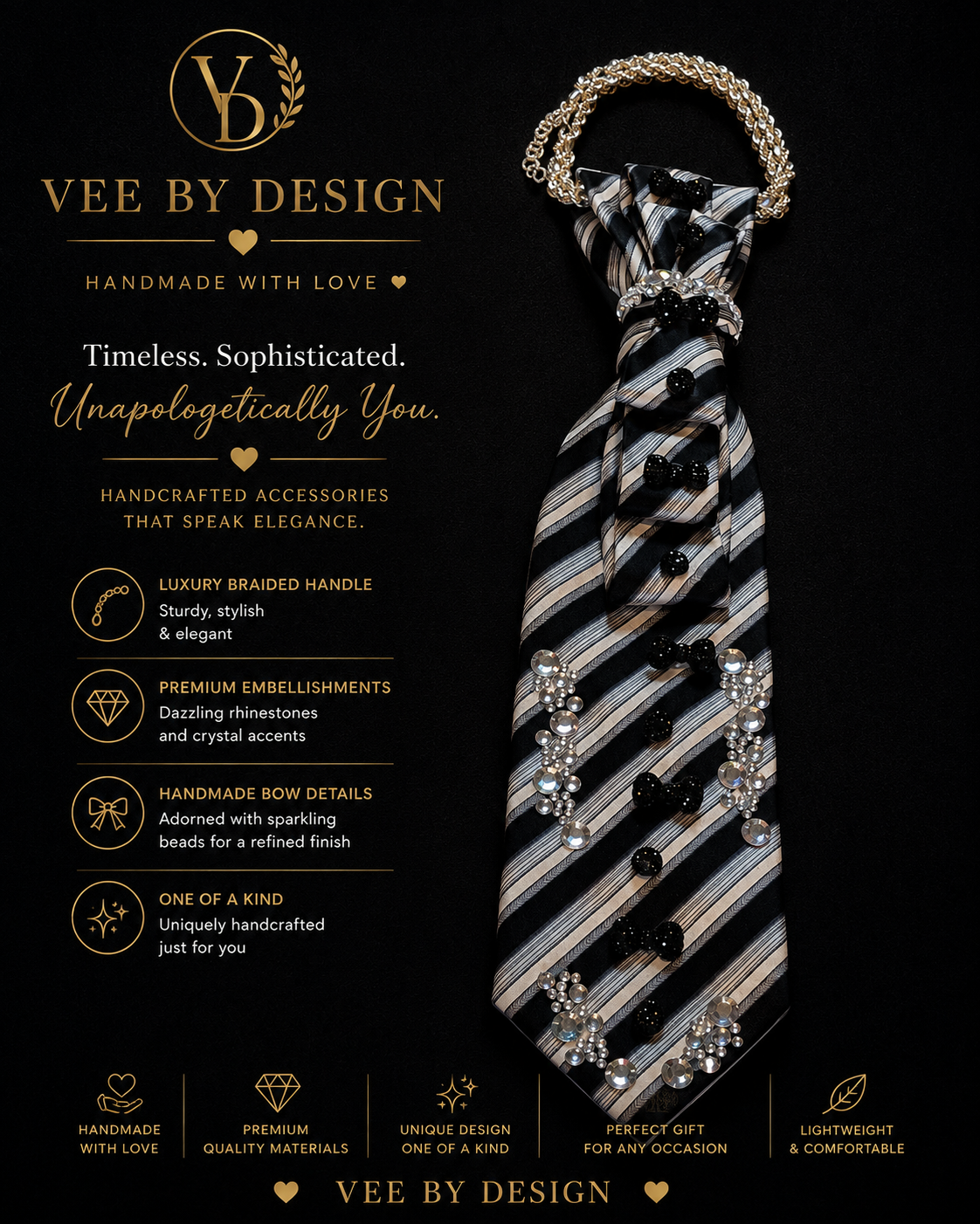 Elegant Black & White Crystal Statement Tie Necklace — view 2