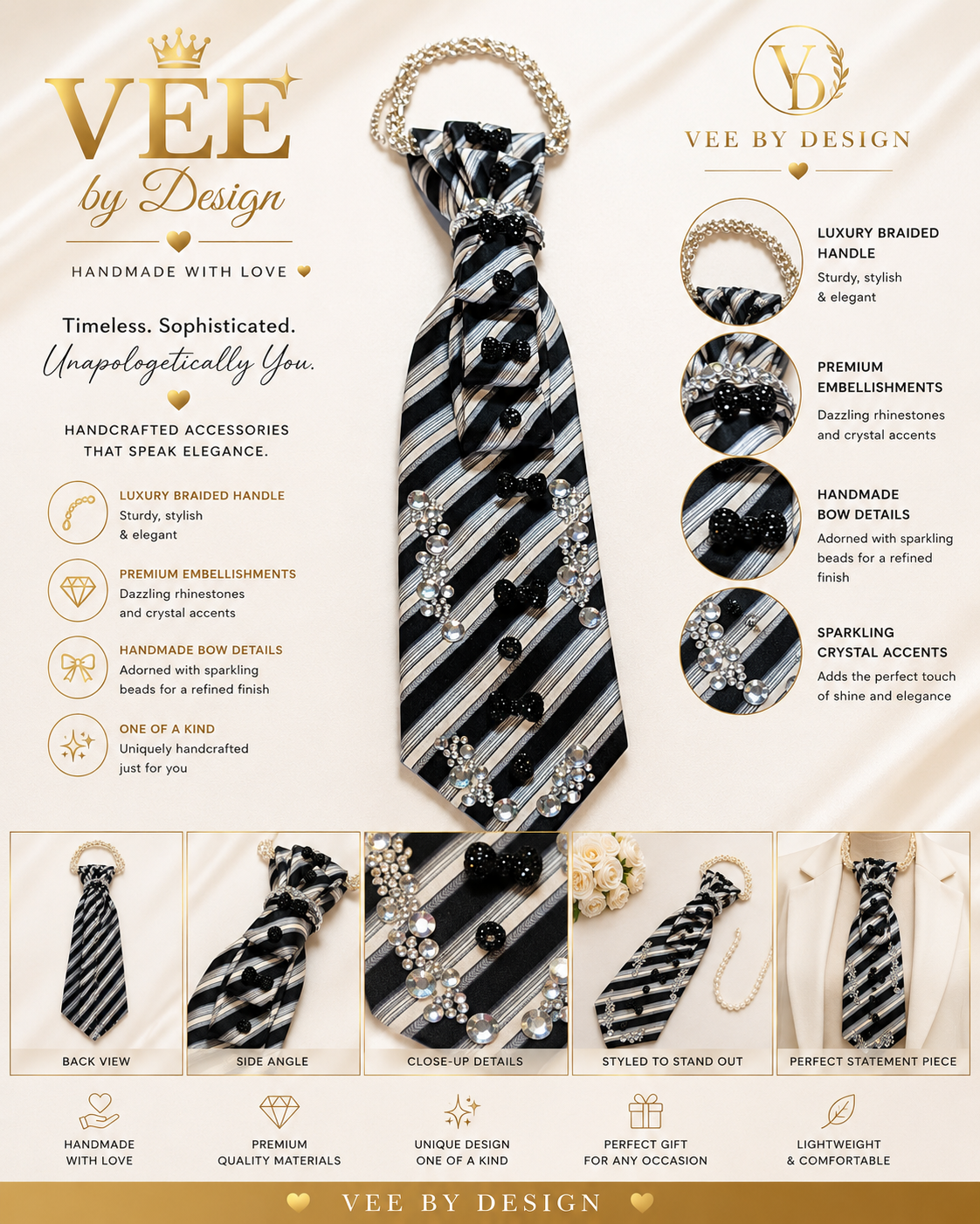 Elegant Black & White Crystal Statement Tie Necklace — view 3