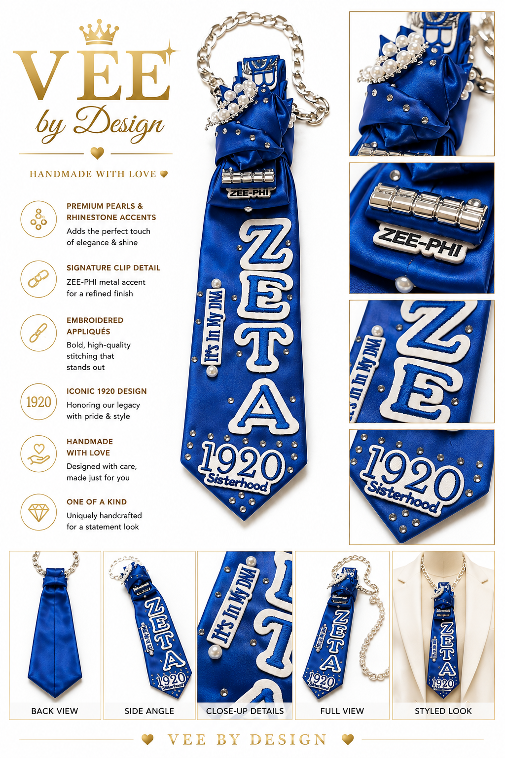 Zeta Phi Beta 1920 Statement Tie Necklace | Handmade Sorority Fashion Accessory — view 2