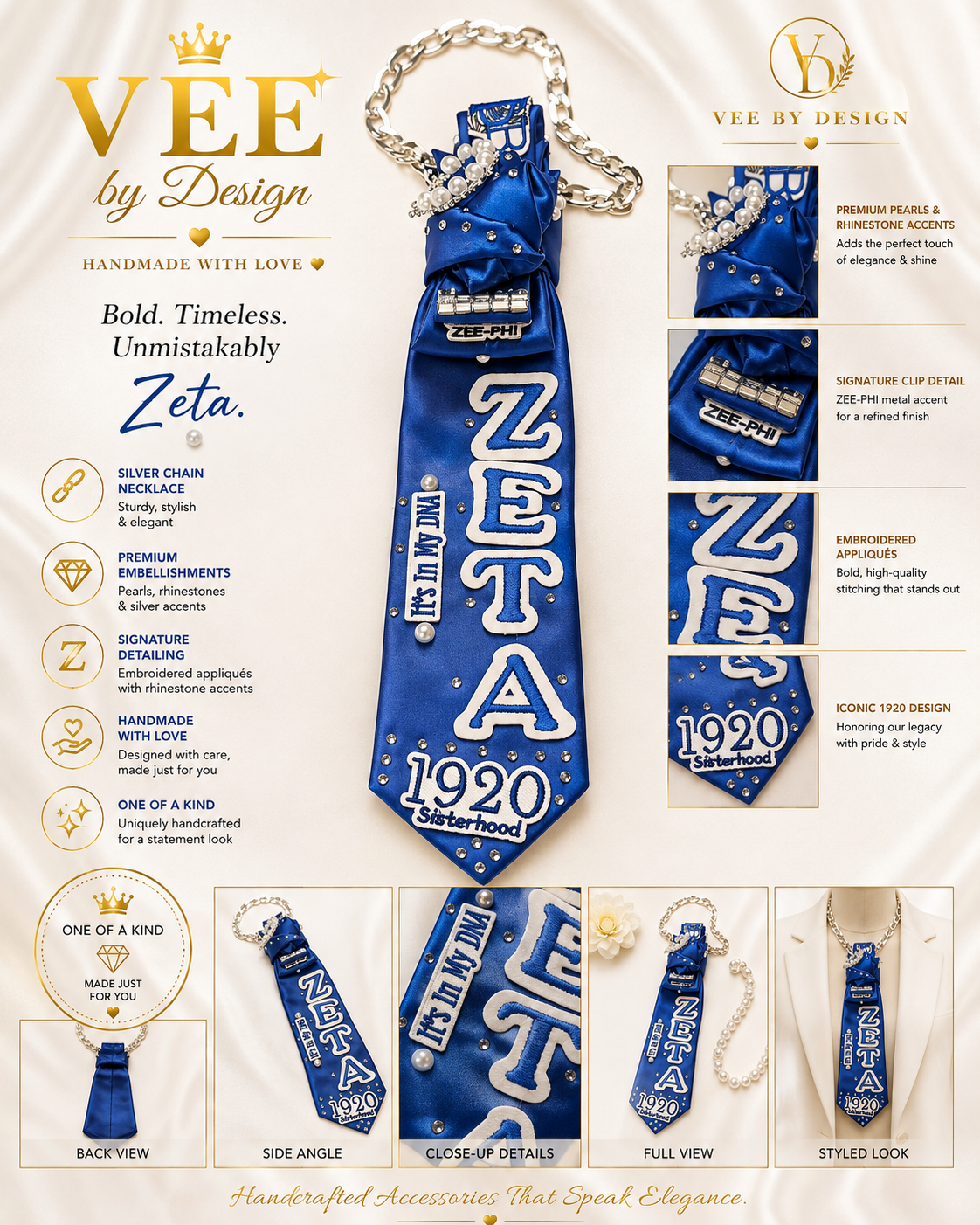 Zeta Phi Beta 1920 Statement Tie Necklace | Handmade Sorority Fashion Accessory — view 3