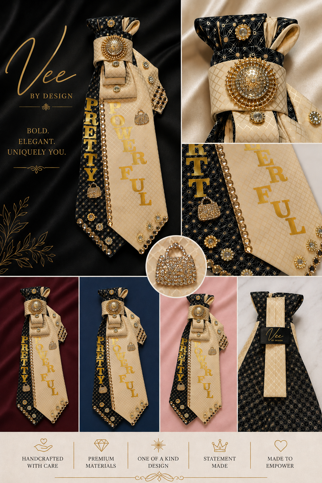 Pretty Powerful Navy & Gold Luxury Statement Tie Necklace — view 2